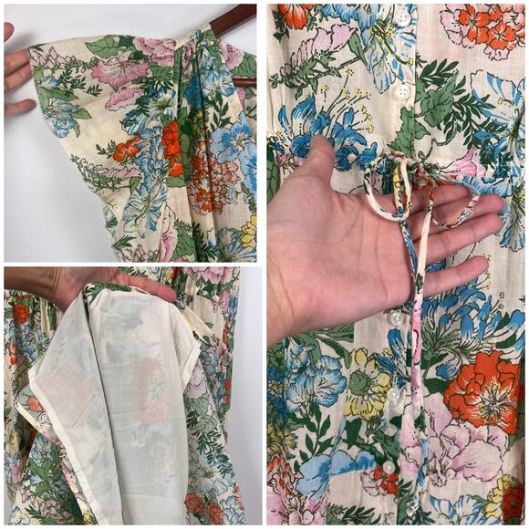 Trovata Birds of Paradis Floral Midi Dress L Ramie Cotton V-Neck Tiered Boho - Picture 5 of 9
